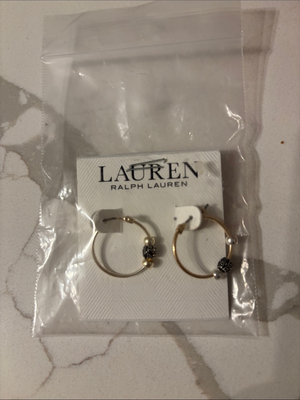 Lauren Ralph Lauren Gold Hoop Earrings with Logo Accent and Pearl Bead